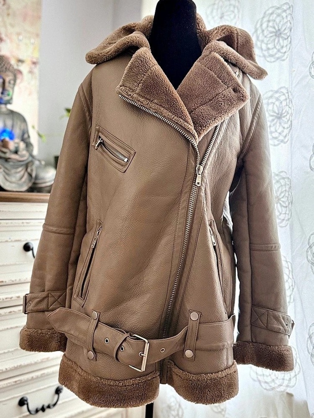 Avec Les Filles Oversized Faux Shearling Moto Jacket Brown Medium
